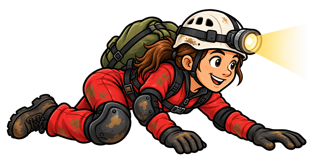 Cartoon illustration of a caver wearing a helmet, headlamp, gloves, knee pads, and backpack while crawling through a cave.